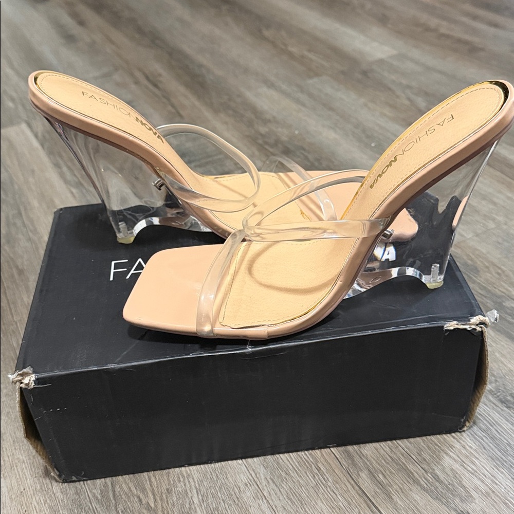 Fashion Nova Nude Square-Toe Clear-Strap Heeled Wedges